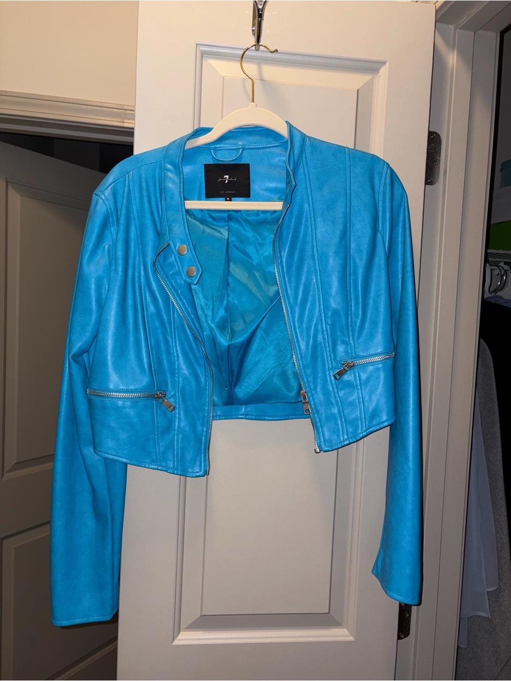 7 For All Mankind Bright Blue Cropped Leather Jacket